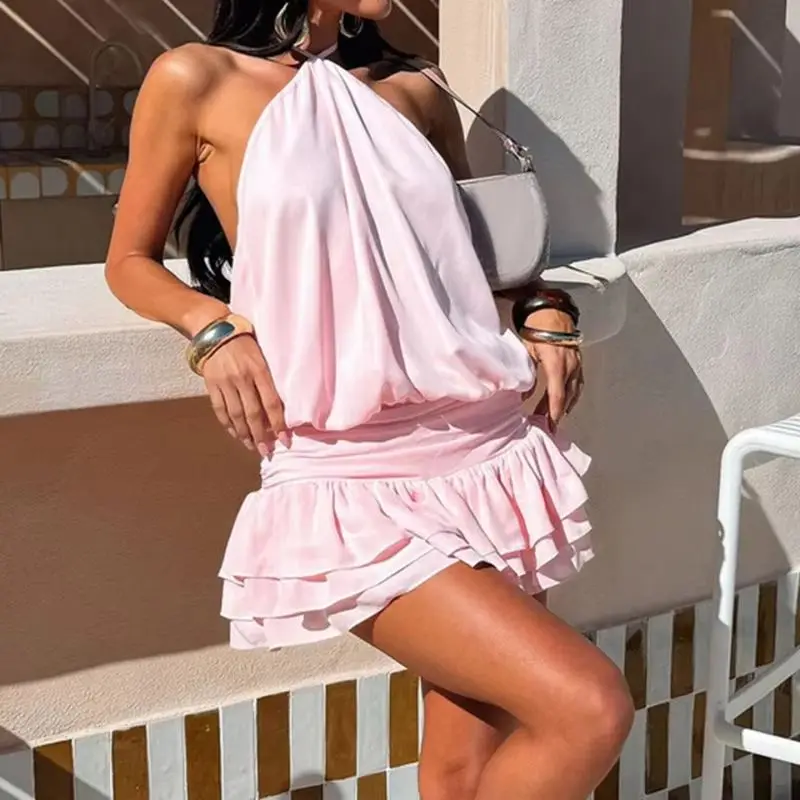 Bandage Solid Elegant Halter B - Y2K Backless Halter Mini Dress 评论和价格
