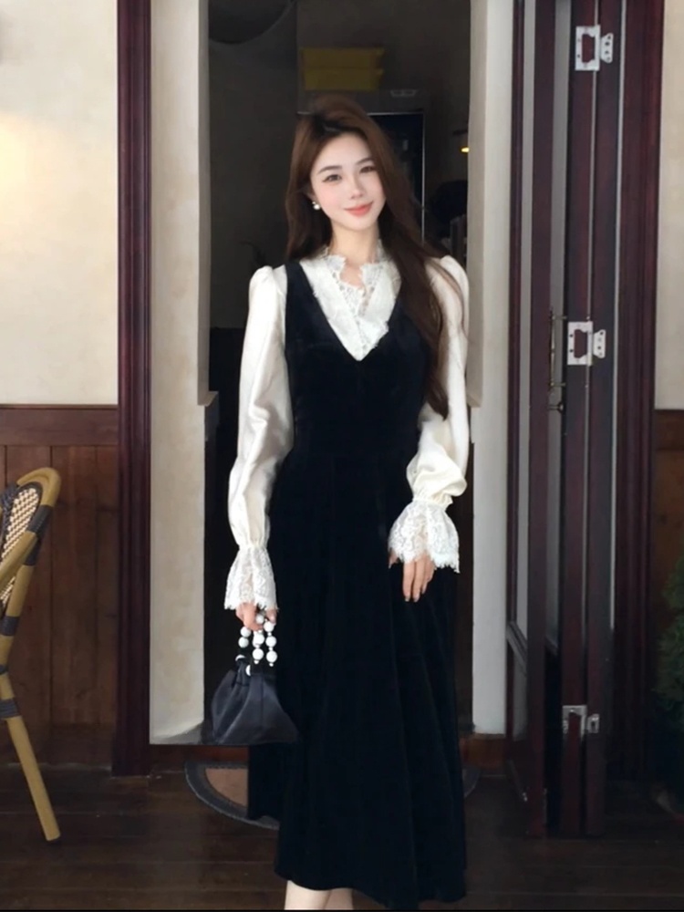 XZY Chic Lace Patchwork Silk S - Korean Style A Line Shirt Dress 评论和价格