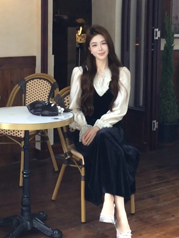 XZY Chic Lace Patchwork Silk S - Korean Style A Line Shirt Dress 评论和价格