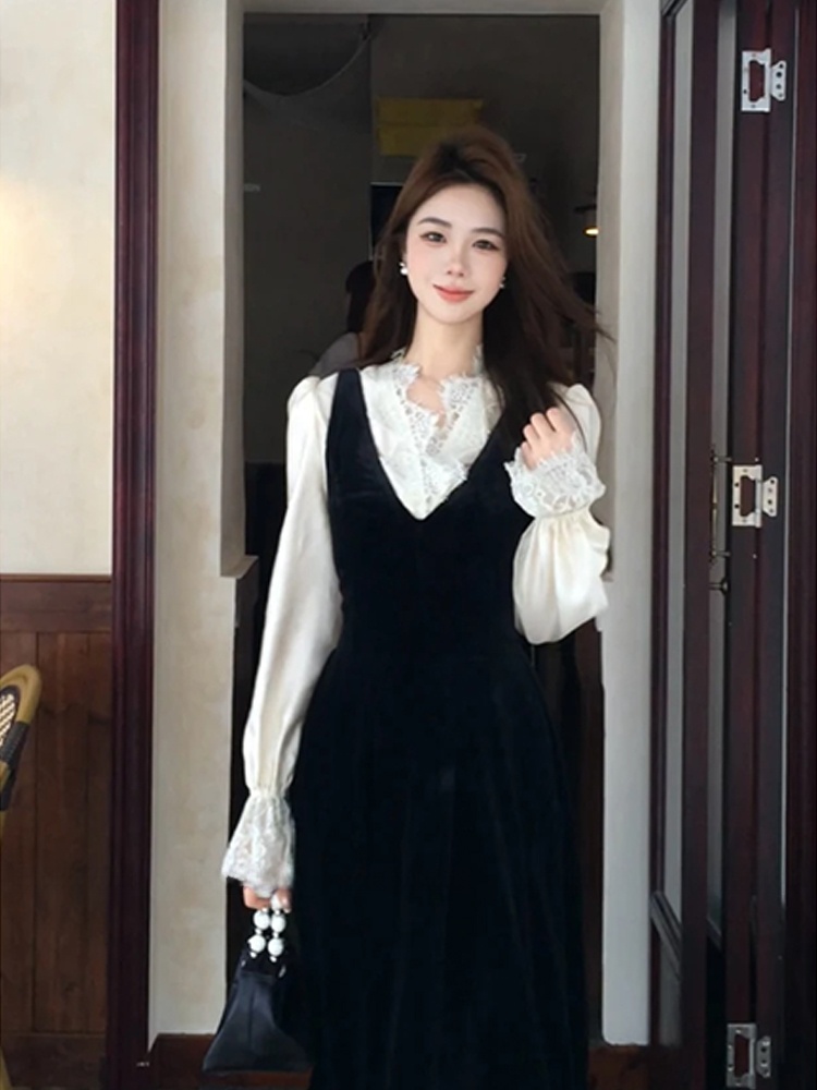 XZY Chic Lace Patchwork Silk S - Korean Style A Line Shirt Dress 评论和价格