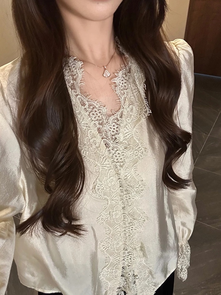 XZY Chic Lace Patchwork Silk S - Korean Style A Line Shirt Dress 评论和价格