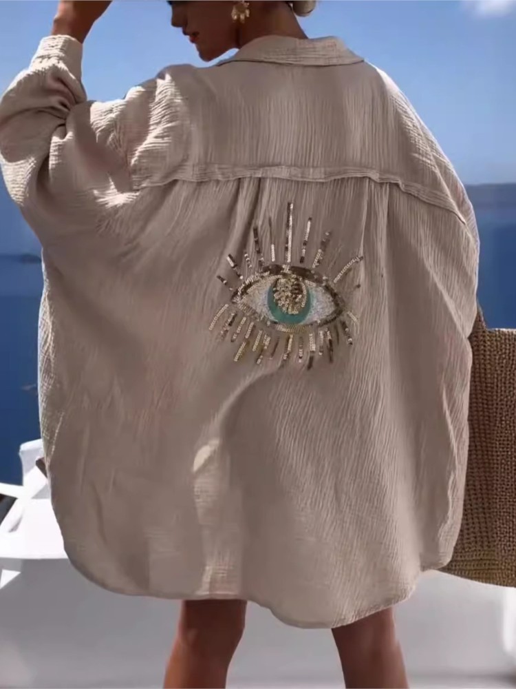 Summer Casual Sequin Eye Shirt - Casual Loose Linen Shirt Dress 评论和价格