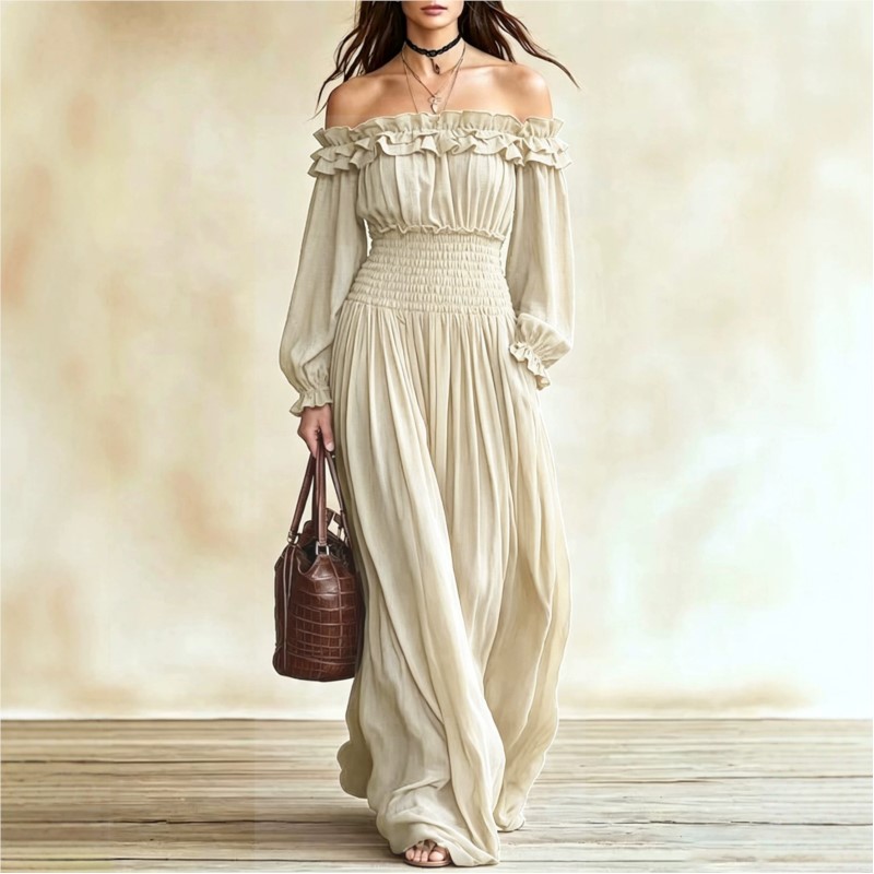 Women Off‑Shoulder Ruffle Maxi - Off Shoulder Puff Sleeve Sundress 评论和价格