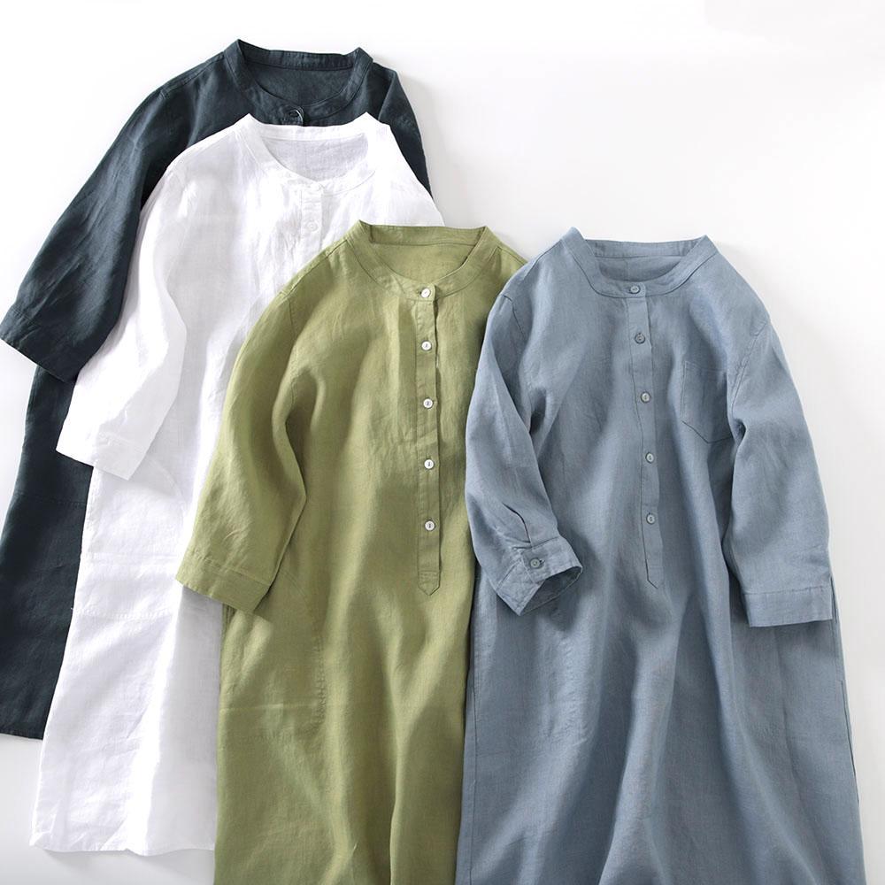 Outlet Japanese Style Linen Sh - Casual Loose Linen Shirt Dress 评论和价格