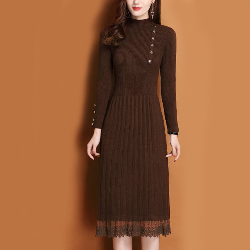 Lace Hem Buttons Women Autumn  - Bodycon Long Sleeve Ribbed Dress 评论和价格