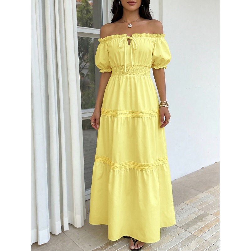 Summer Bohemian Women Yellow O - Off Shoulder Puff Sleeve Sundress 评论和价格