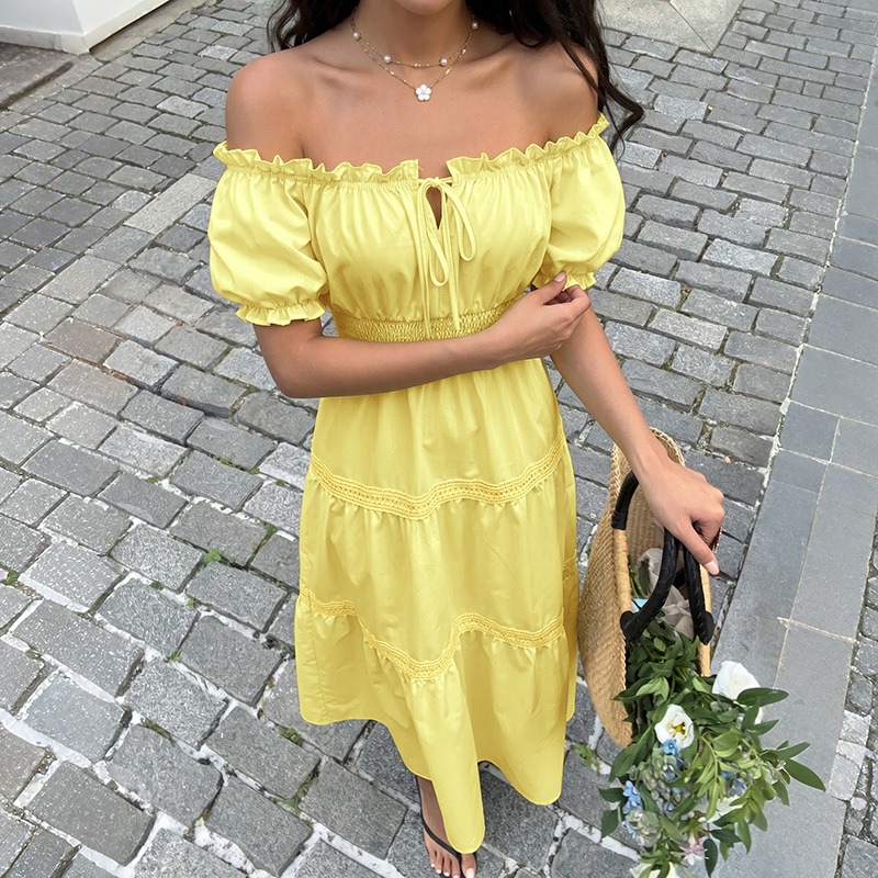 Summer Bohemian Women Yellow O - Off Shoulder Puff Sleeve Sundress 评论和价格