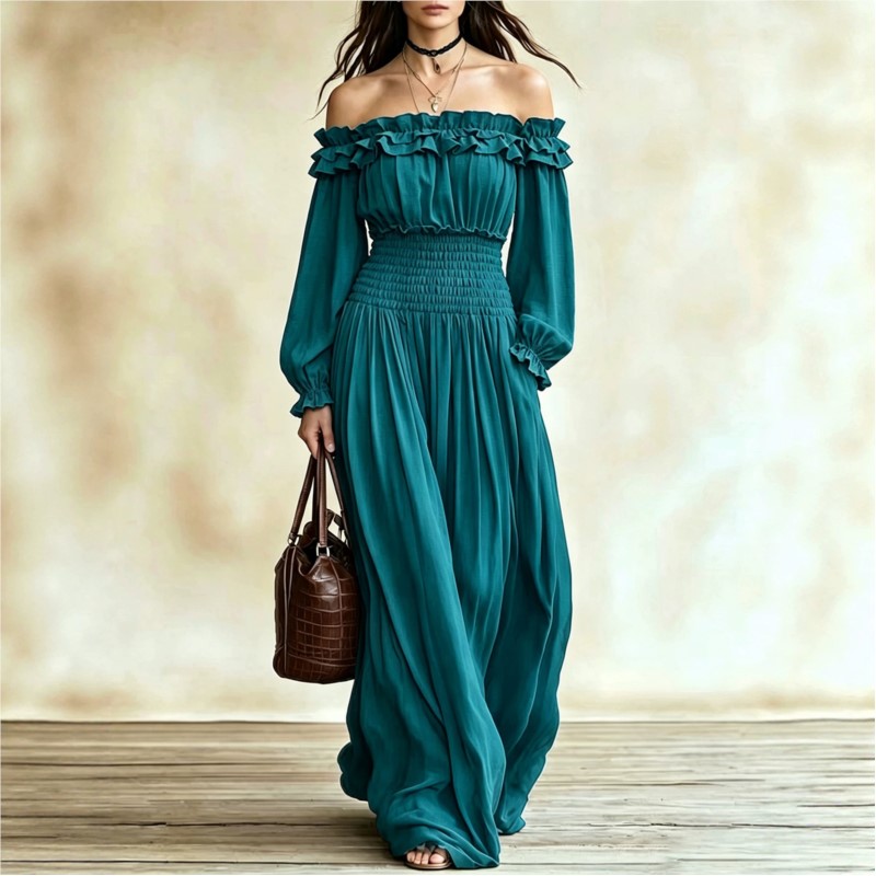 Off Shoulder Fashion Maxi Dres - Off Shoulder Puff Sleeve Sundress 评论和价格