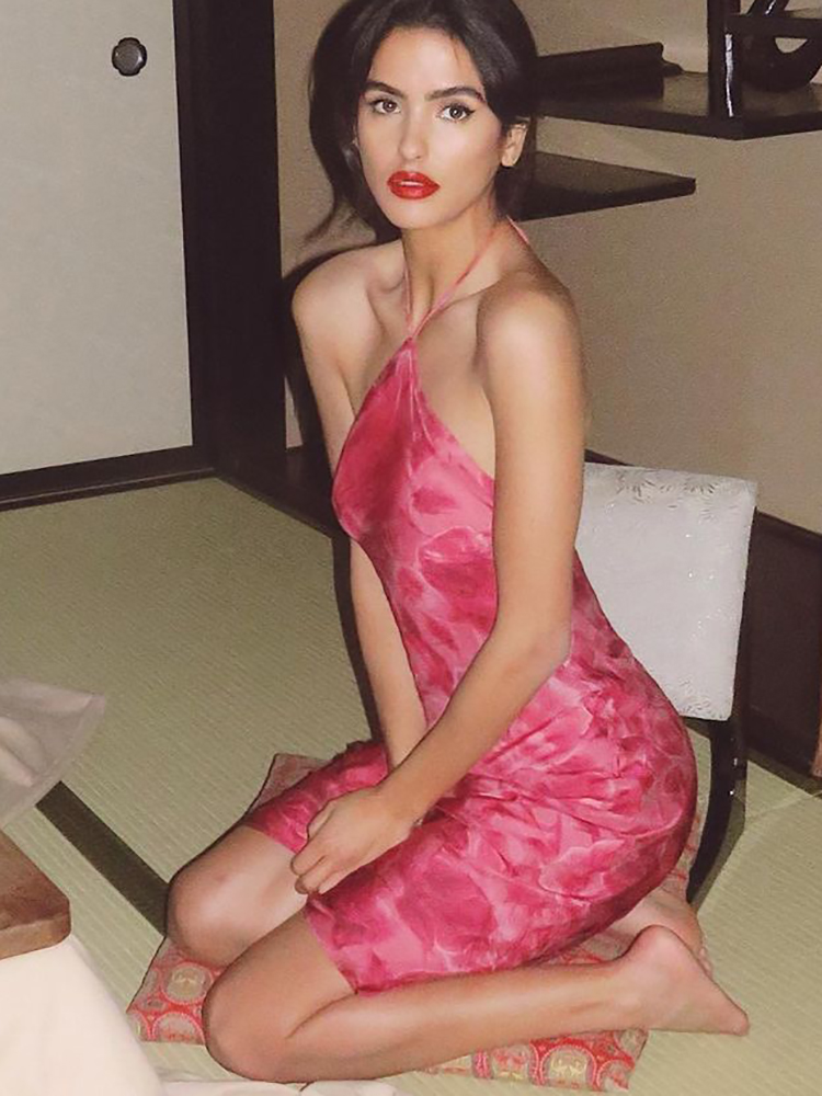 Dulzura Rose Print Lace Up Hal - Y2K Backless Halter Mini Dress 评论和价格