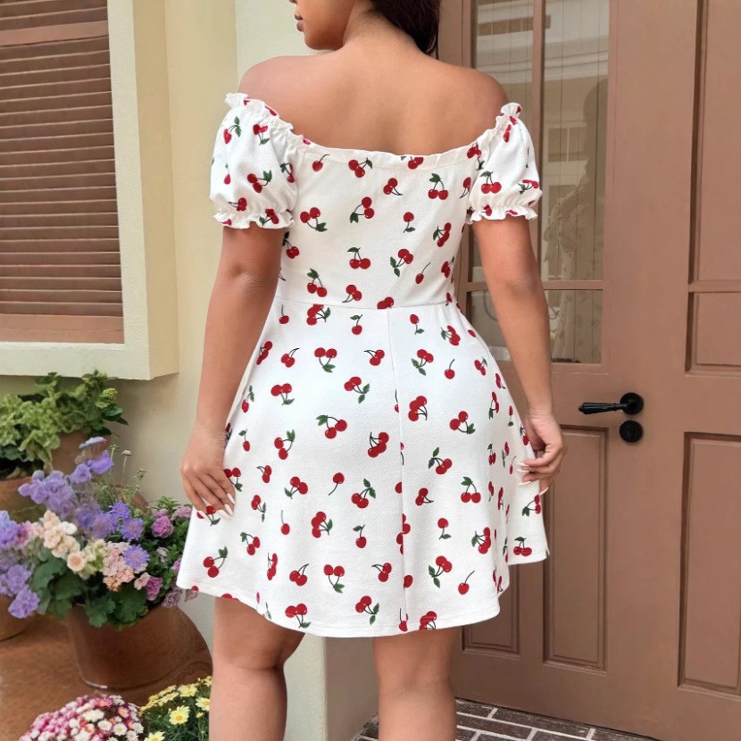 Summer Woman Dress Floral Prin - Off Shoulder Puff Sleeve Sundress 评论和价格