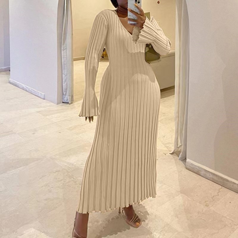 Woman's Autumn V-Neck Knit Ski - Bodycon Long Sleeve Ribbed Dress 评论和价格