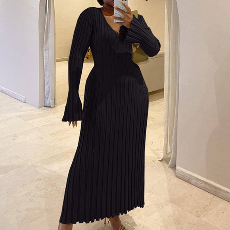 Woman's Autumn V-Neck Knit Ski - Bodycon Long Sleeve Ribbed Dress 评论和价格