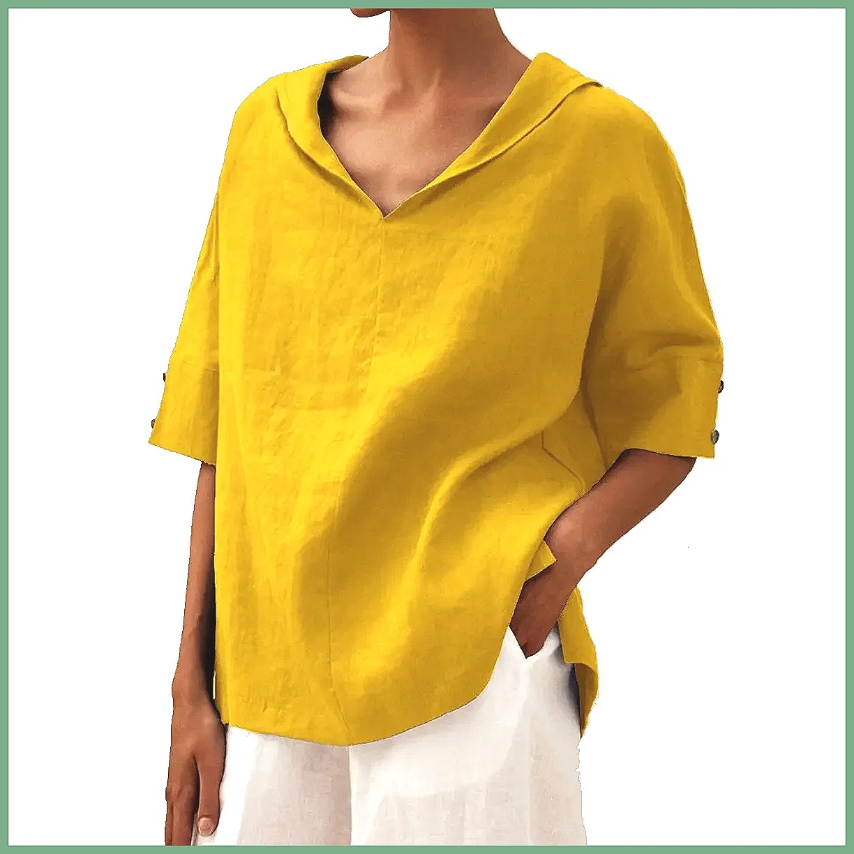 Women's Loose V-Neck Cotton Li - Blouses 评论和价格