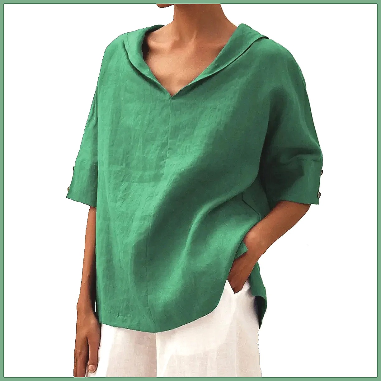 Women's Loose V-Neck Cotton Li - Blouses 评论和价格