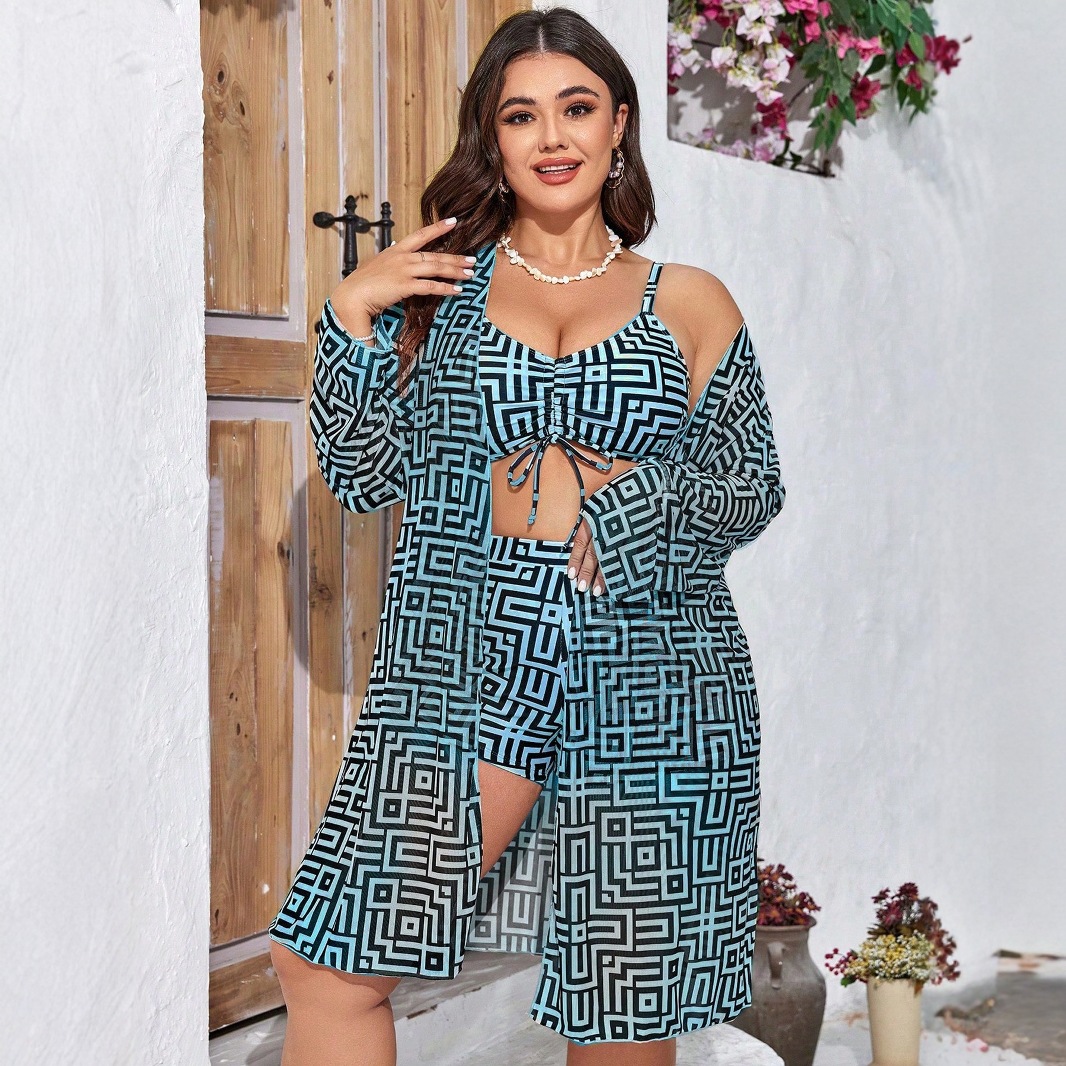 Plus Size 3‑Piece Geometric Pr - Tops 评论和价格