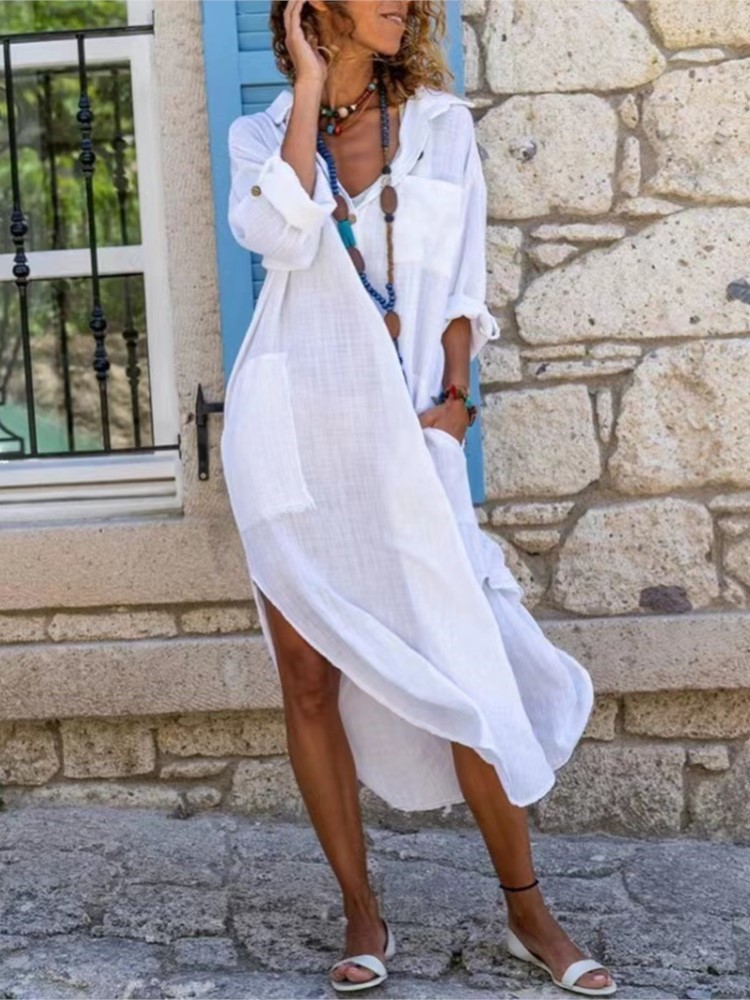 White Women's Shirt Dress Soli - Casual Loose Linen Shirt Dress 评论和价格