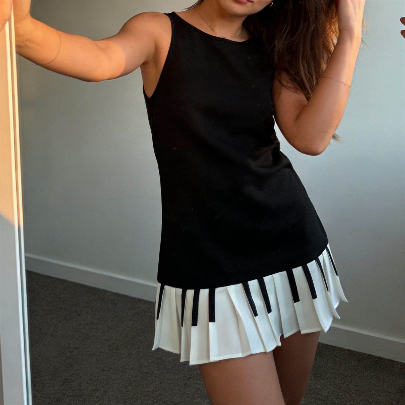 Womens Y2K Piano Key Pleated M - Y2K Backless Halter Mini Dress 评论和价格