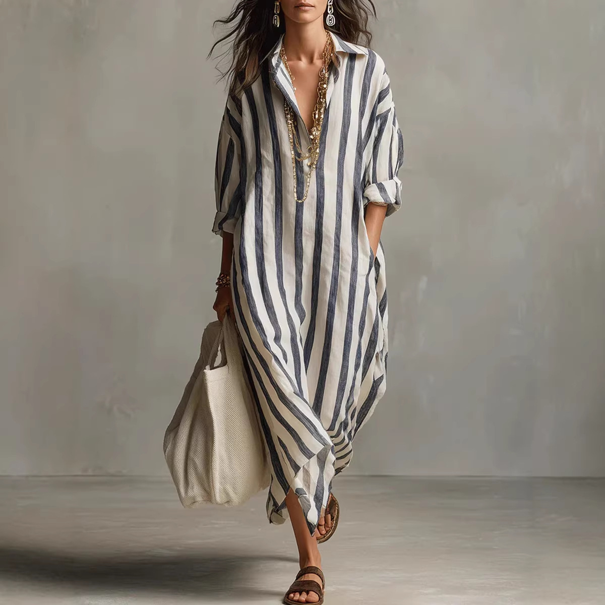 Summer Elegant Turn Down Colla - Casual Loose Linen Shirt Dress 评论和价格