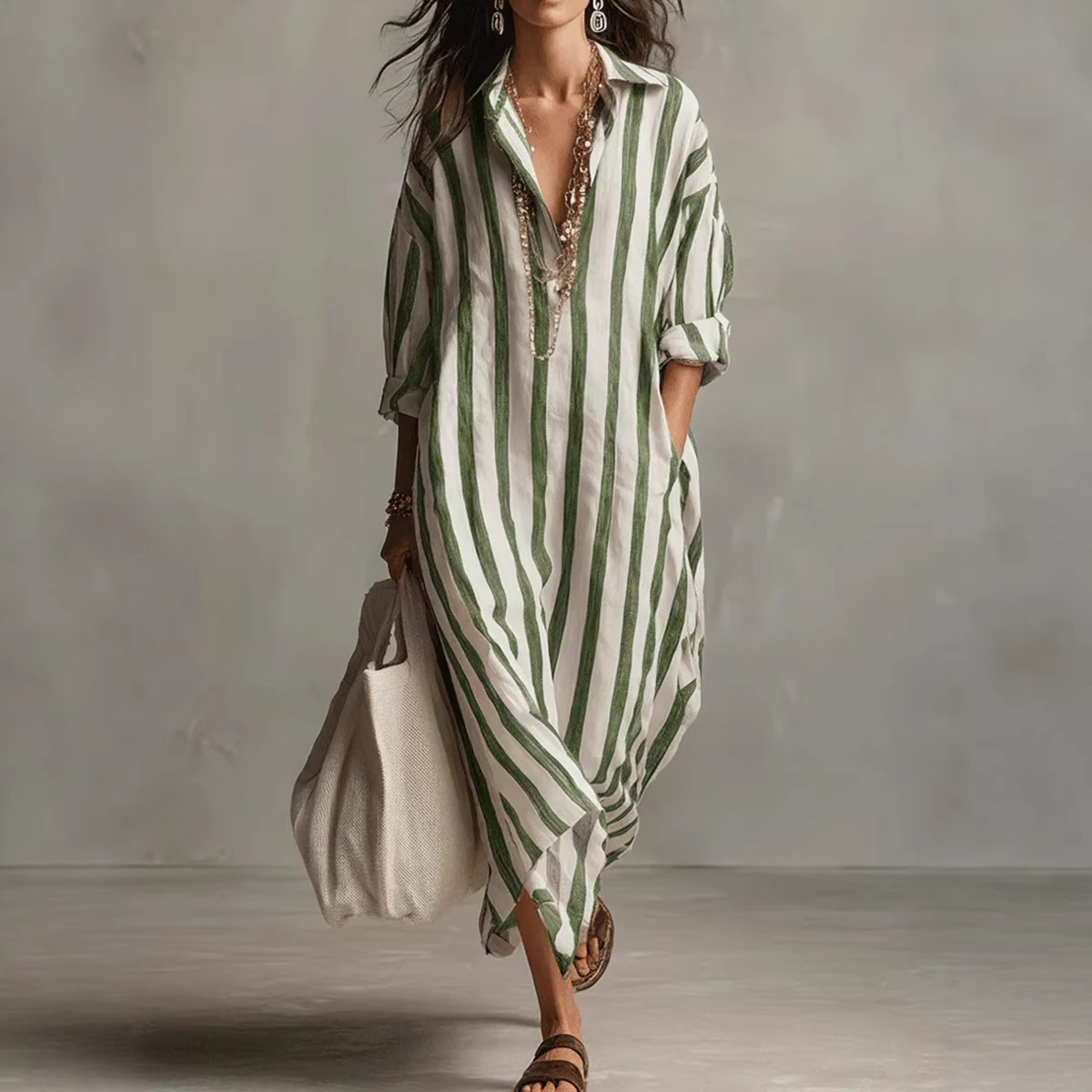 Summer Elegant Turn Down Colla - Casual Loose Linen Shirt Dress 评论和价格