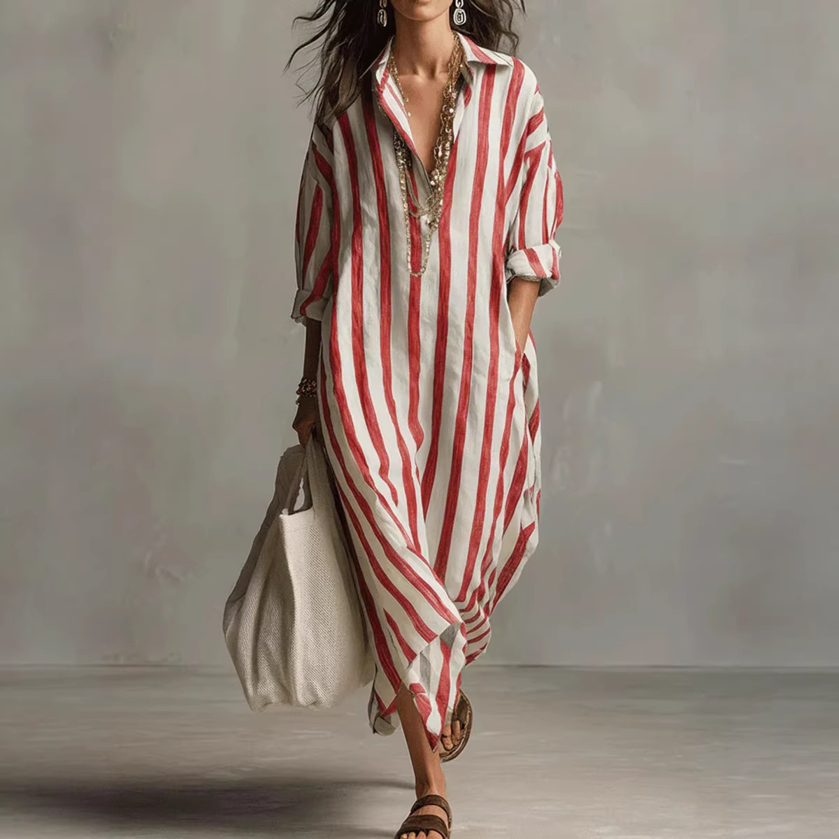Summer Elegant Turn Down Colla - Casual Loose Linen Shirt Dress 评论和价格