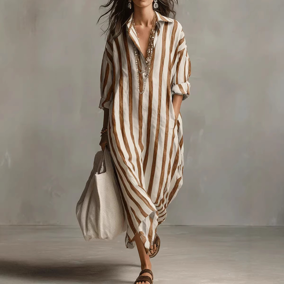 Summer Elegant Turn Down Colla - Casual Loose Linen Shirt Dress 评论和价格