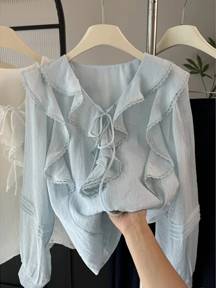 French V-Neck Chic Long Sleeve - Blouses 评论和价格
