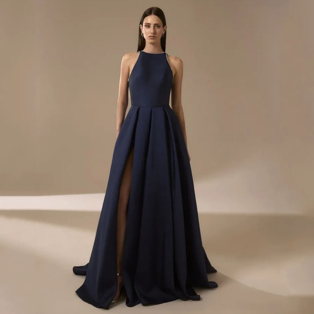Navy Blue Satin Evening Dresse - Elegant Satin Evening Gown Split 评论和价格