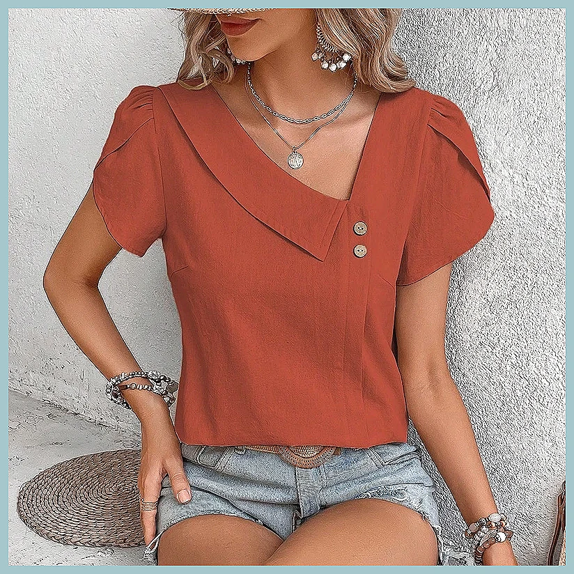 2024 Summer Vintage Solid Colo - Blouses 评论和价格