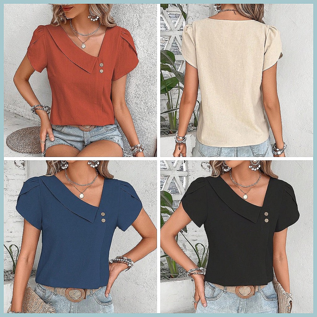 2024 Summer Vintage Solid Colo - Blouses 评论和价格