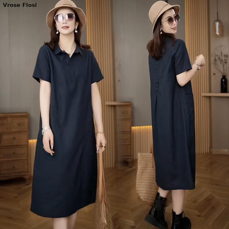 Dress Women's Summer 2024 New  - Casual Loose Linen Shirt Dress 评论和价格