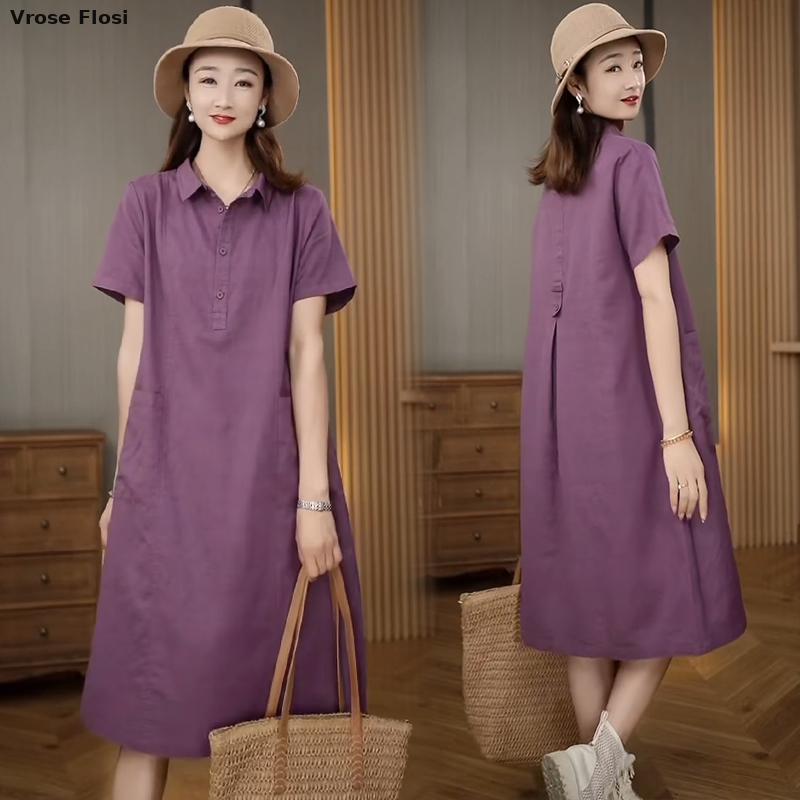 Dress Women's Summer 2024 New  - Casual Loose Linen Shirt Dress 评论和价格
