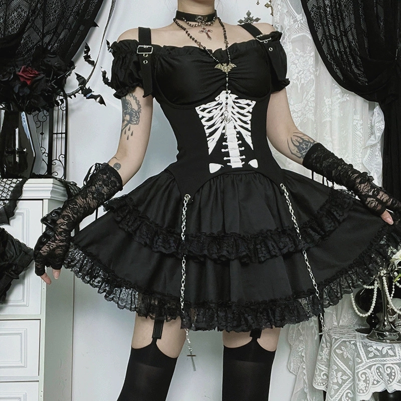 Goth Dark E-girl Kawaii Lace S - Y2K Backless Halter Mini Dress 评论和价格
