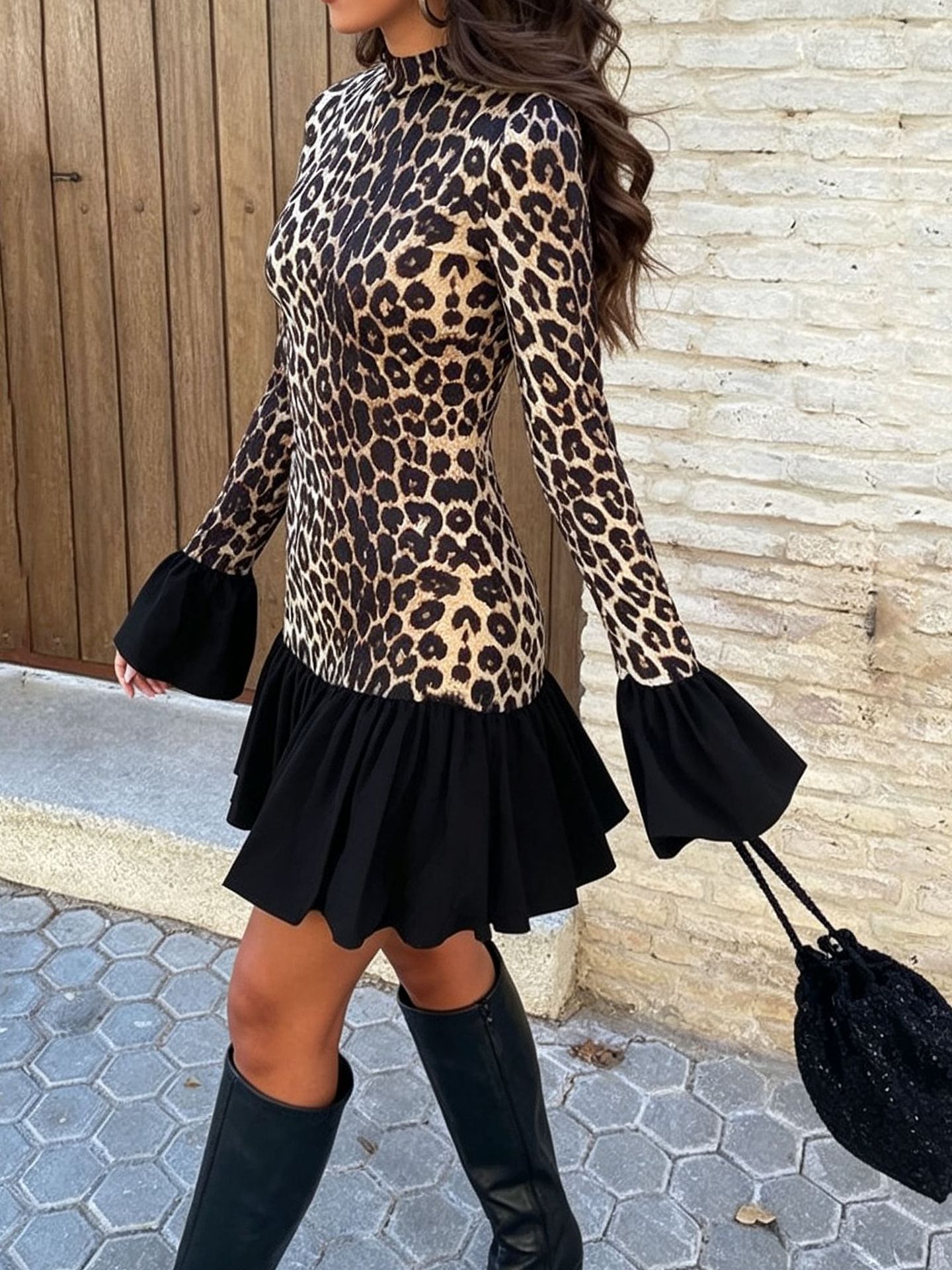 Women's round-neck leopard pri - Dresses 评论和价格