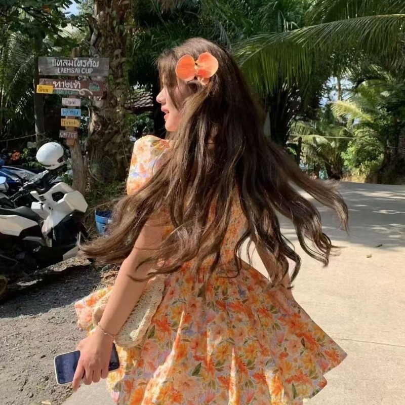 Hotsale Orange Floral Print Of - Off Shoulder Puff Sleeve Sundress 评论和价格